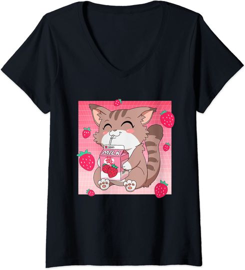 Discover T-shirt para Mulher Anime Gato Bebe Leite de Morango Decote em V