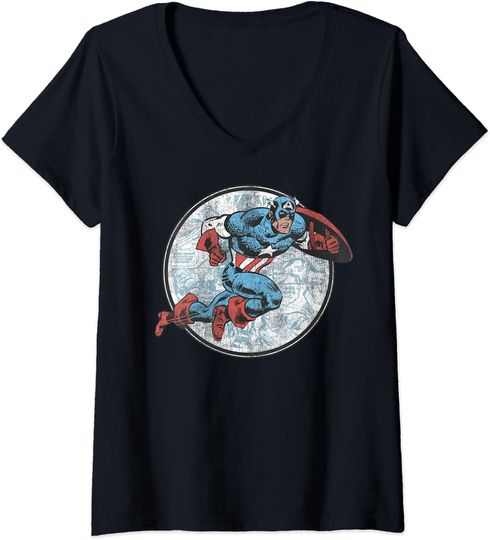 Discover T-shirt para Mulher com Impressão de Capitão América Decote em V