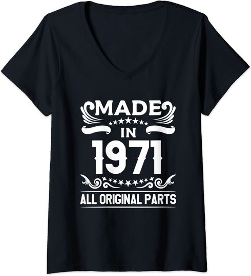 Discover T-shirt para Mulher Made in 1971 All Original Parts Decote em V