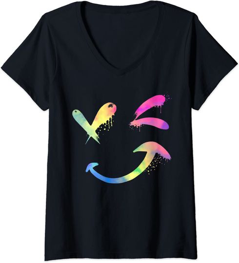Discover T-shirt de Mulher com Decote Em V com Rosto Sorridente Colorido