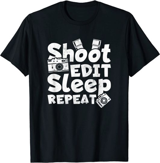 Discover T-shirt Unissexo Manga Curta Shoot Edit Sleep Repeat