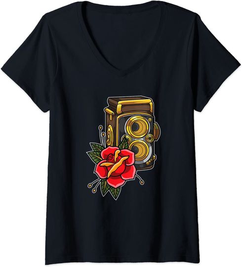Discover T-shirt de Mulher com Decote Em V vintage Câmara E Flores