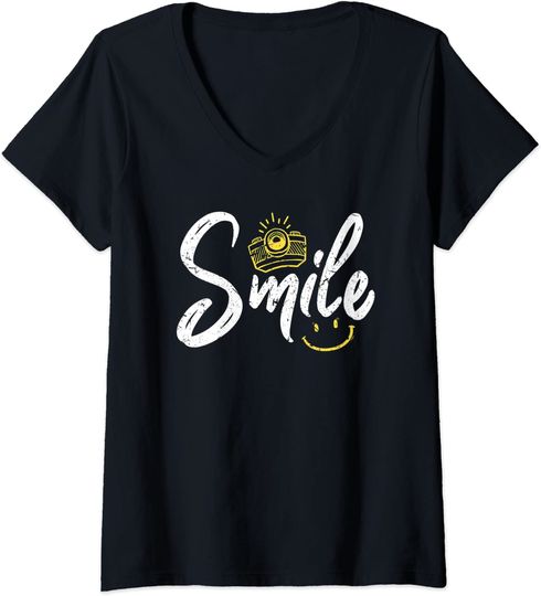 Discover T-shirt de Mulher com Decote Em V Fotografia Câmara Smile