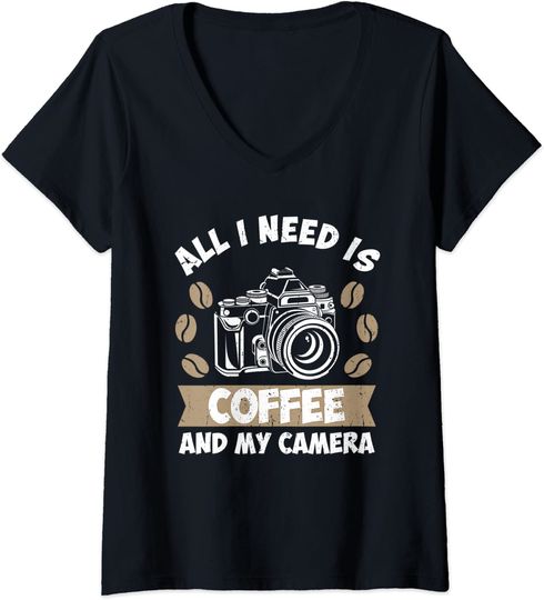 Discover T-shirt de Mulher com Decote Em V All I Need Is Coffee And My Camera