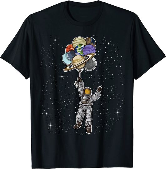 Discover T-shirt Unissexo Manga Curta Astronauta com Balões de Planetas