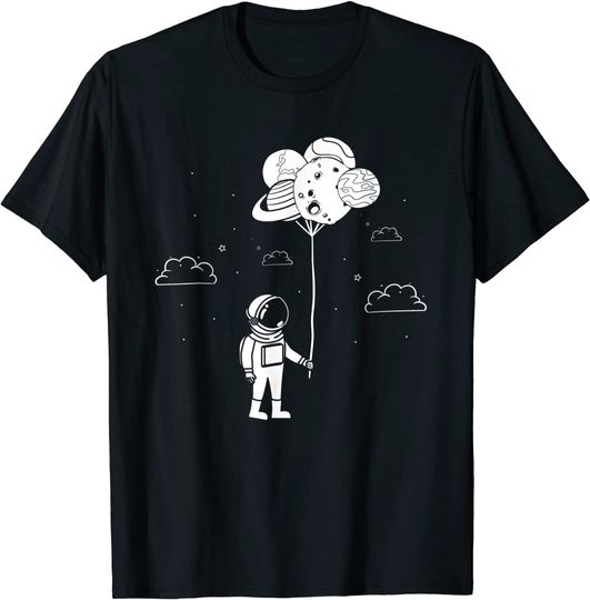 Discover T-shirt Unissexo Manga Curta Astronauta Segura Balões de Planetas