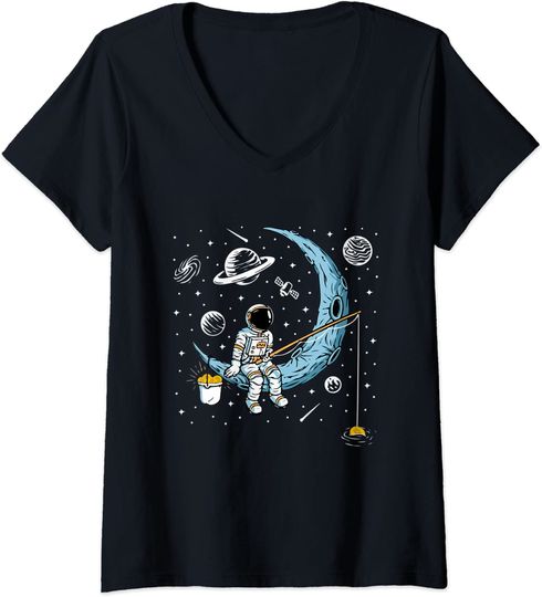 Discover T-shirt de Mulher com Decote Em V Astronauta Pescar No Espaço