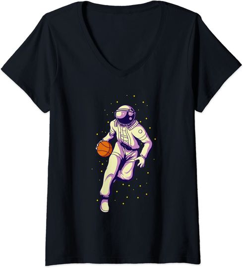 Discover T-shirt de Mulher com Decote Em V Astronauta Jogar Basquetebol