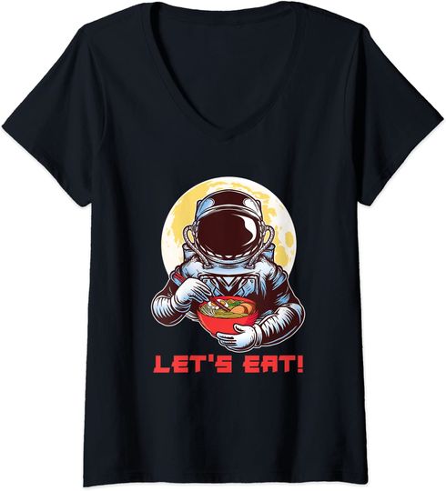 Discover T-shirt de Mulher com Decote Em V Astronauta Ramen No Espeço