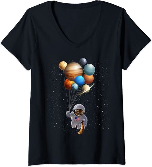 Discover T-shirt de Mulher com Decote Em V Astronauta Segurar Balões De Planetas