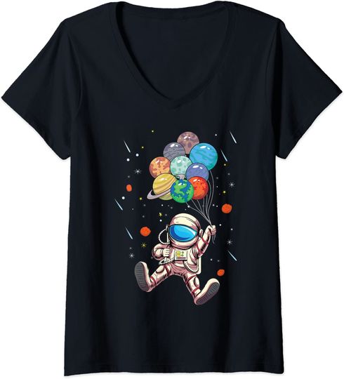 Discover T-shirt de Mulher com Decote Em V Astronauta Segura Balões De Planetas Coloridas