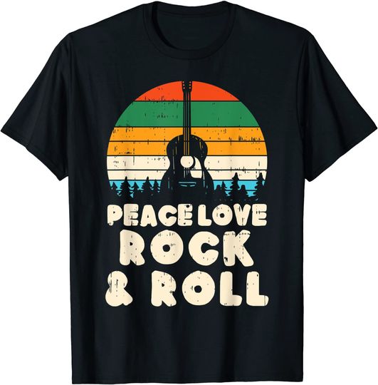 T-shirt para Homem e Mulher Retro Vintage Peace Love Rock N Roll