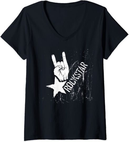 T-shirt para Mulher Born To Be Rock Star Guitarra Rock N' Roll Decote em V