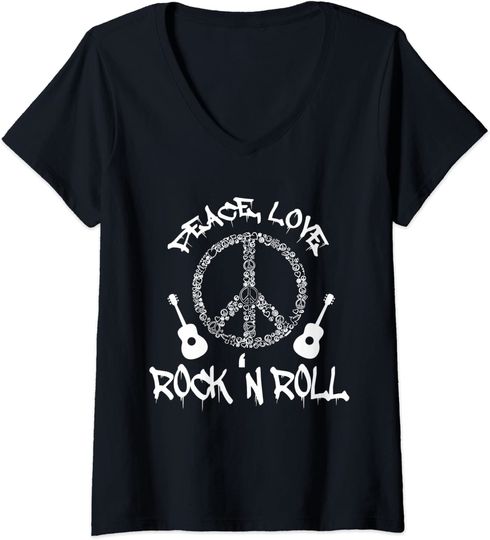 T-shirt para Mulher Peace Love Rock N Roll Decote em V