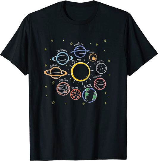Discover T-shirt Unissexo Manga Curta Estrelas Sistema Solar E Planetas No Espaço
