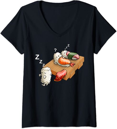Discover T-shirt para Mulher Divertido Walking Sushi Kawaii Decote em V