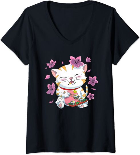 Discover T-shirt para Mulher Gato Japonês e Sushi Decote em V