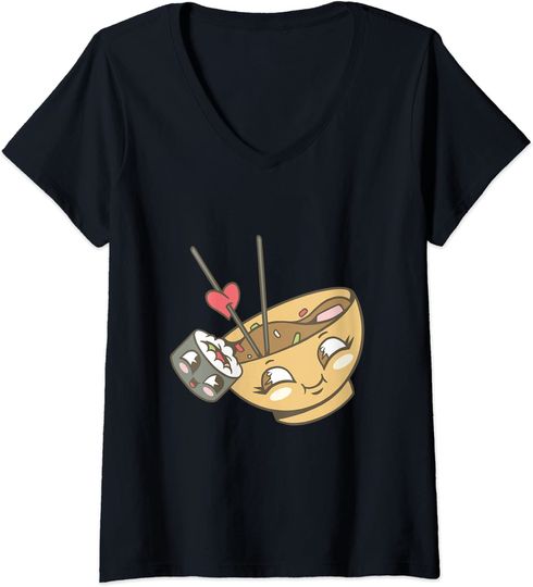 Discover T-shirt para Mulher Sushi Miso Sopa Amantes da Comida Japonesa Decote em V