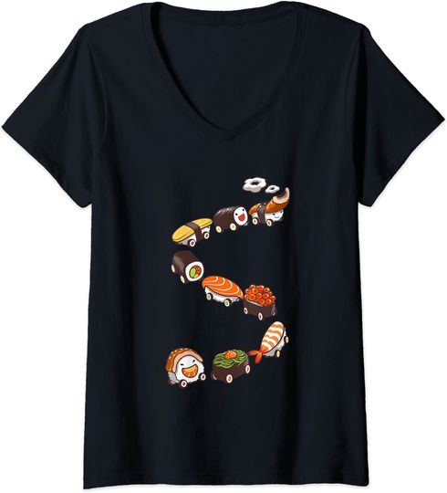 Discover T-shirt para Mulher Trem de Sushi Decote em V