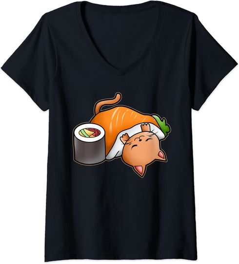 Discover T-shirt para Mulher Sushi de Gato Kawaii Decote em V