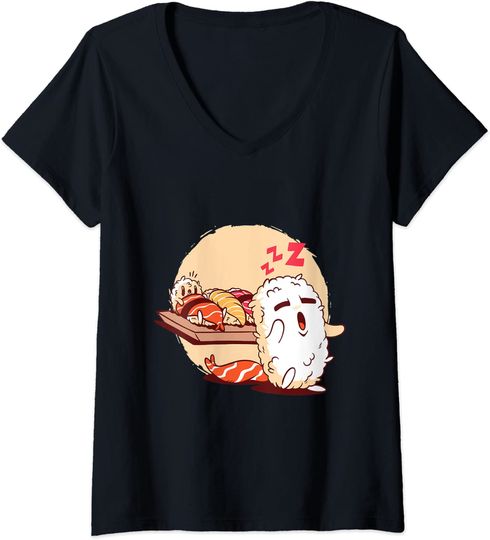 Discover T-shirt para Mulher Divertido Sushi Sonambulismo Japonês Decote em V