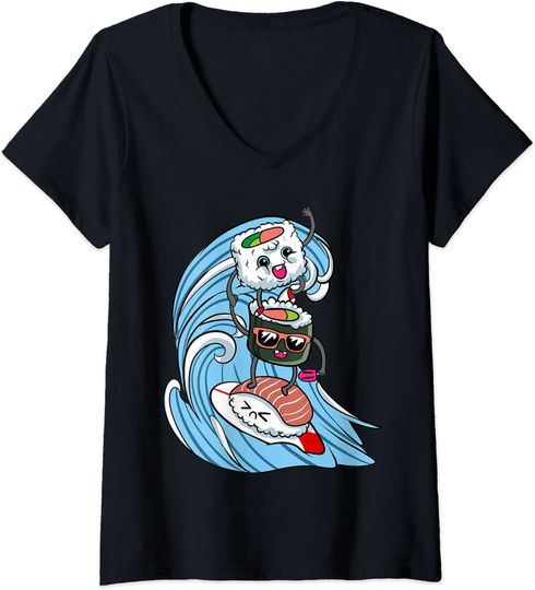 Discover T-shirt para Mulher Surf Sushi Decote em V