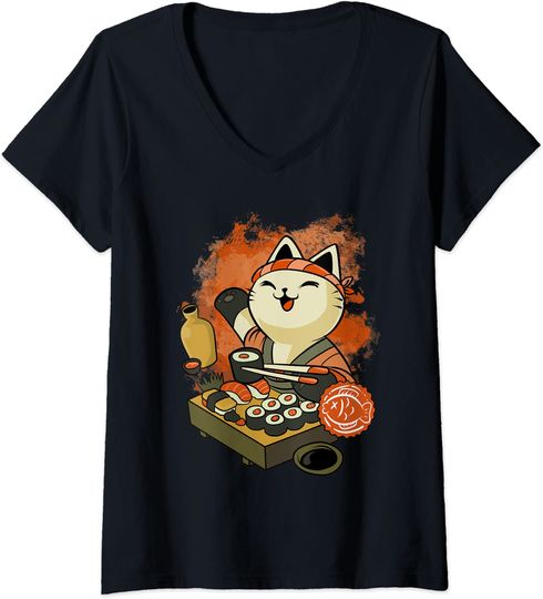 Discover T-shirt para Mulher Master Gato e Sushi Decote em V