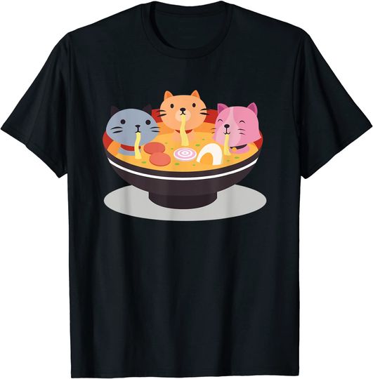 Discover T-shirt para Homem e Mulher Gatos Fofinhos Comem Ramen Kawaii