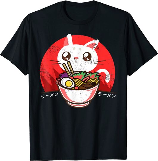 Discover T-shirt para Homem e Mulher Kawaii Japonês Ramen Gato