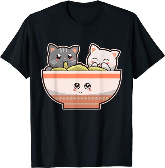 Discover T-shirt para Homem e Mulher Anime Japonês Gatos na Tigela de Ramen