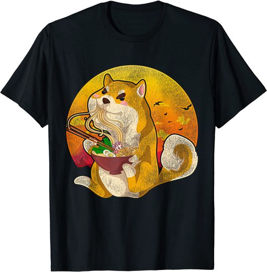 Discover T-shirt para Homem e Mulher Raça de Cão Japonês com Ramen