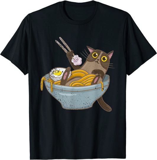 Discover T-shirt para Homem e Mulher Divertido com Gato e Ramen