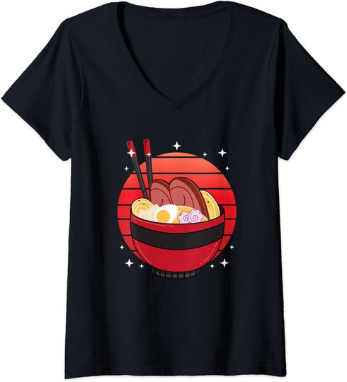 Discover T-shirt para Mulher Ramen Bowl Chopstick Japanese Decote em V