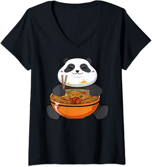 Discover T-shirt para Mulher Urso de Panda Kawaii Come Ramen Decote em V