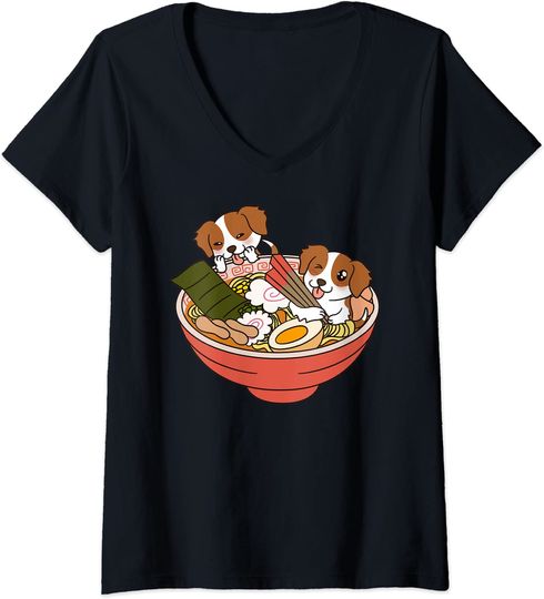 Discover T-shirt para Mulher Divertido com Cão e Ramen Decote em V
