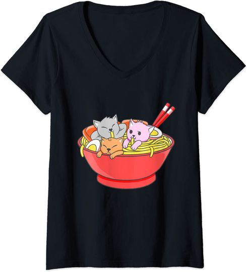 Discover T-shirt para Mulher Gato Kawaii e Ramen Decote em V