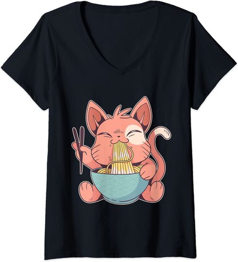 Discover T-shirt para Mulher Gato Kawaii Lindo Come Ramen Decote em V