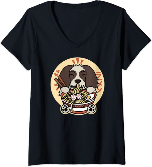 Discover T-shirt para Mulher Divertido com Ramen e Cão Decote em V