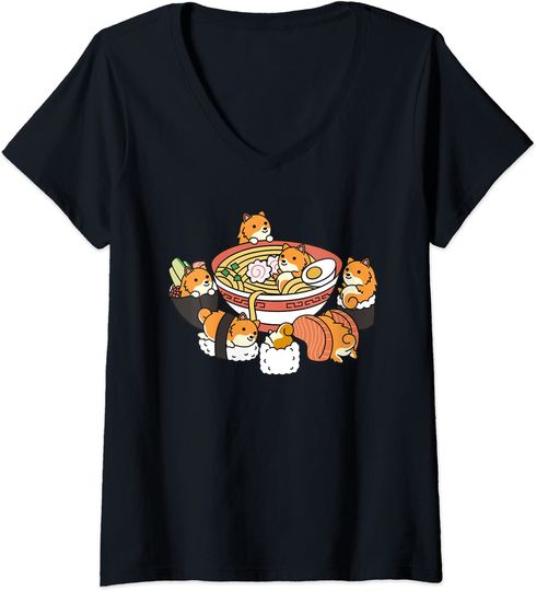 Discover T-shirt para Mulher Divertido com Cães e Ramen Sushi Decote em V
