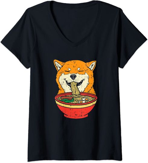 Discover T-shirt para Mulher Macarrão Ramen e Shiba Inu Cão Decote em V