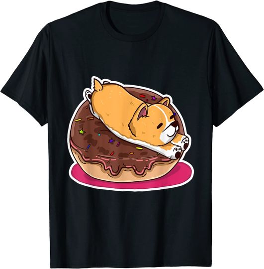 Discover T-shirt para Homem e Mulher Divertido Chocolate Donut Corgi