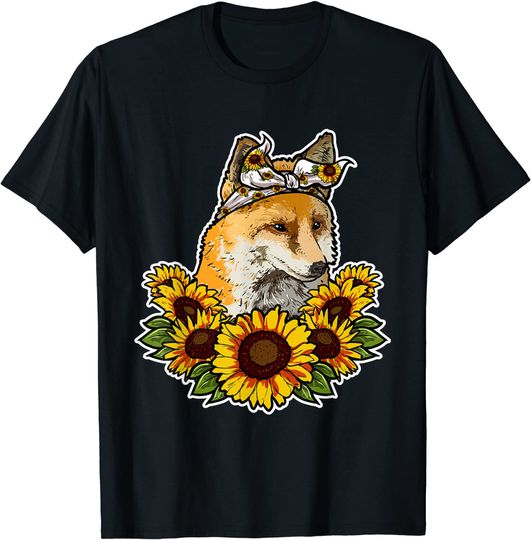 Discover T-Shirt Unissexo Manga Curta Cão Bonito Decorado com Girassóis