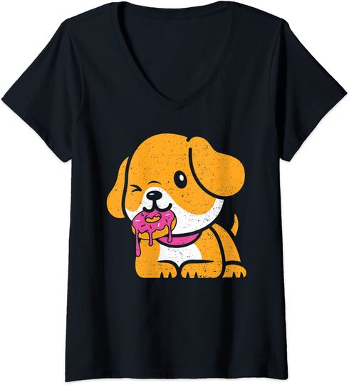 Discover T-shirt para Mulher Divertido com Cão Golden e Donut Decote em V