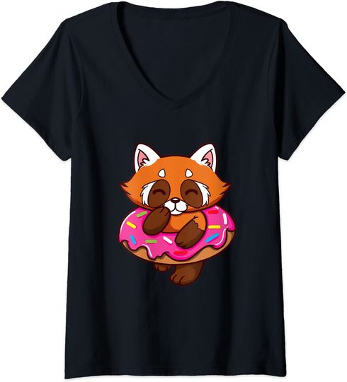 Discover T-shirt para Mulher com Panda Vermelho e Rosquinha Decote em V