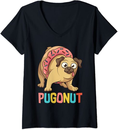 Discover T-shirt para Mulher Pugonut com Puppy e Donut Decote em V