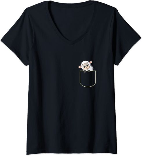 Discover T-shirt para Mulher com Ovelha no Bolsinho Decote em V