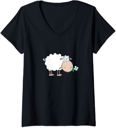 Discover T-shirt para Mulher Divertido Ovelha com Flor Decote em V