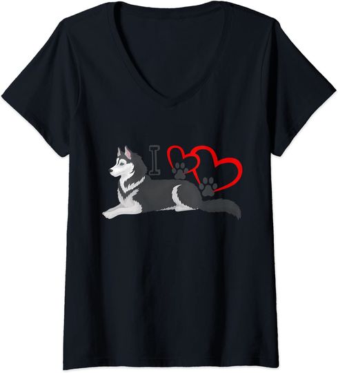 Discover T-shirt para Mulher com Husky e Coração Decote em V