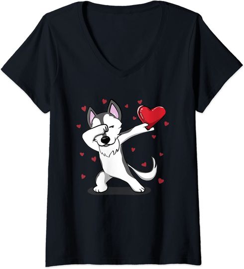 Discover T-shirt para Mulher com Cão Husky e Coração Decote em V