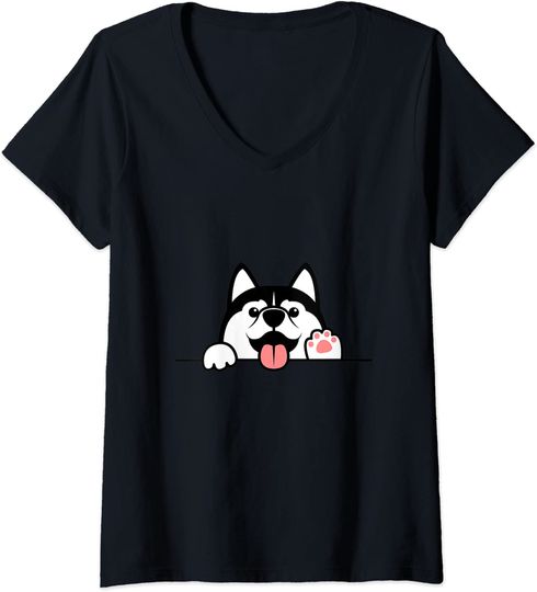 Discover T-shirt para Mulher Lindo Husky Feliz Decote em V